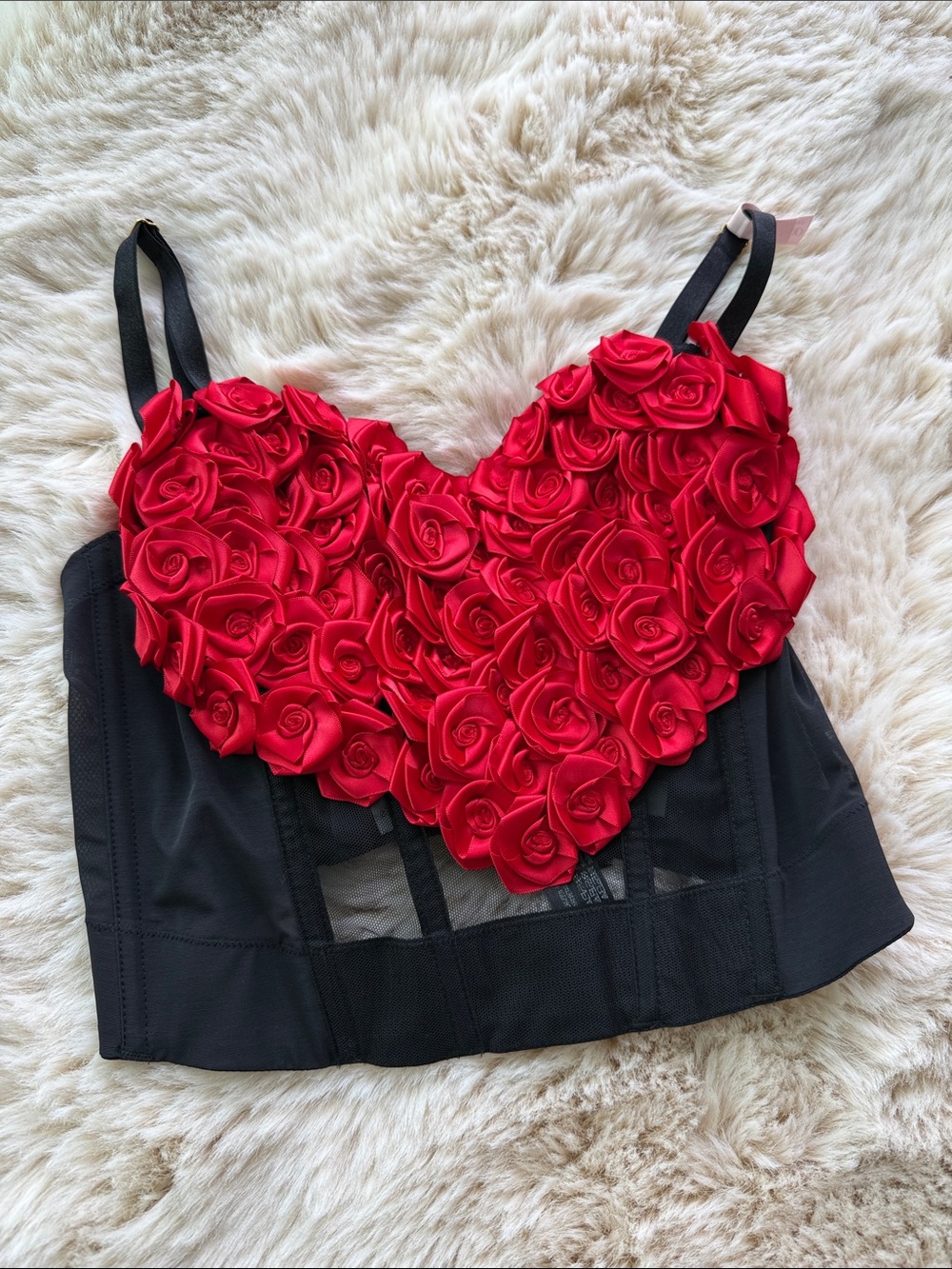 Victoria's Secret Black Bustier with Red Rose Appliqué